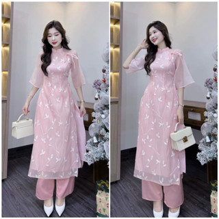 (SHOP BIGSIZE NỮ 50KG ĐẾN 90KG) set áo dài ren hoa lá tay lở che khuyết điểm màu đỏ, xanh, hồng, kem rực rỡ đón xuân
