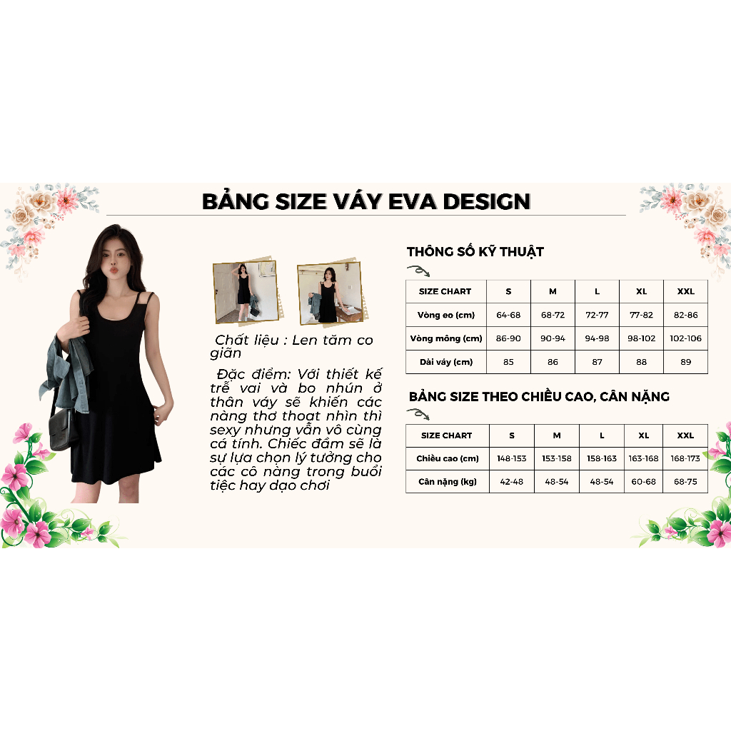 Váy hai dây dáng dài ngắn màu đen có bigsize ôm body sexy đầm 2 dây nữ chất liệu len tăm co giãn thoáng mát trẻ trung