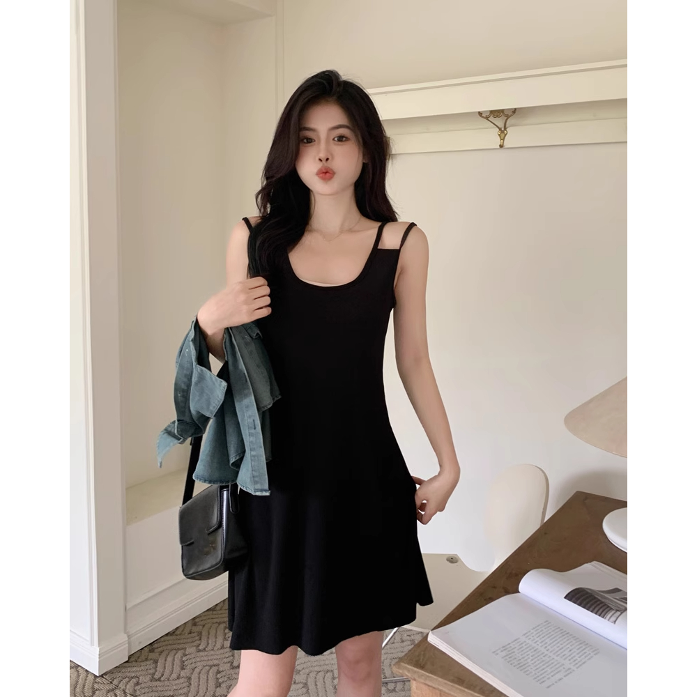 Váy hai dây dáng dài ngắn màu đen có bigsize ôm body sexy đầm 2 dây nữ chất liệu len tăm co giãn thoáng mát trẻ trung