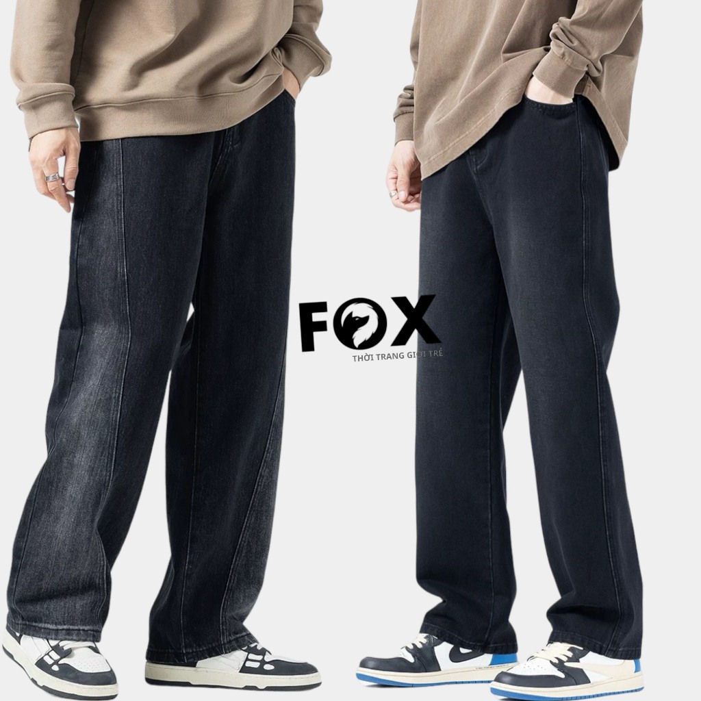 Fox Quần jean baggy nam nữ ống rộng màu đen loang, quần jean suông đen unisex phối đường line chéo J