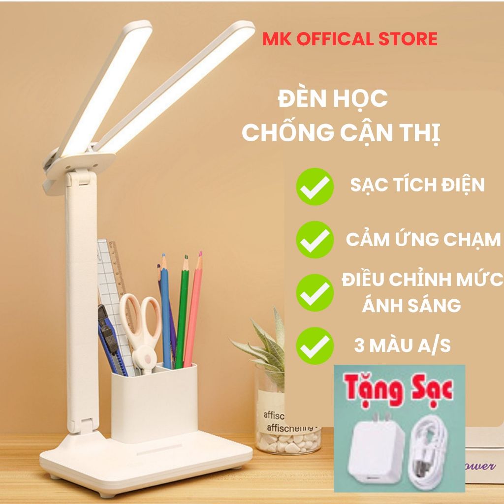 Đèn học để bàn chống cận gấp gọn bóng led, Đèn bàn học Pin sạc tích điện, cảm ứng không tỏa nhiệt 3 chế độ ánh sáng