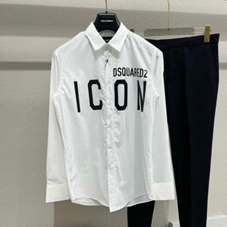 Áo sơ mi DG logo sắt ,  Áo sơ mi trắng nam dài tay Dsq in chữ ICON đen trước ngực che khuy vải lụa đơn giản