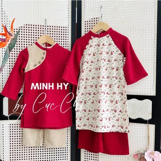 Bộ áo dài mẹ bé minh hy tết đỏ hoa tặng kèm mấn cho mẹ và bé gái xinh xắn, dễ thương