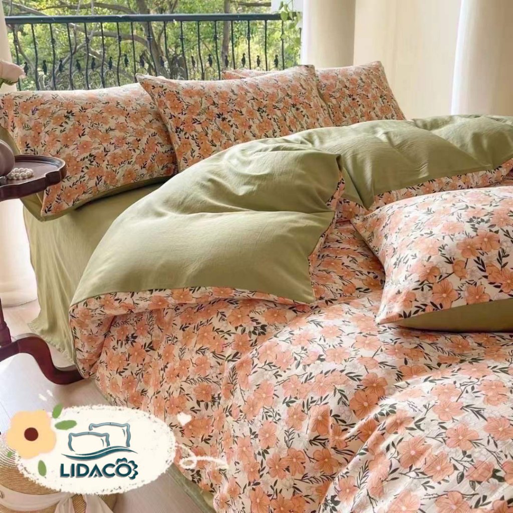 Bộ chăn ga gối cotton đũi sợi tre LIDACO họa tiết vintage phù hợp với mọi cỡ nệm