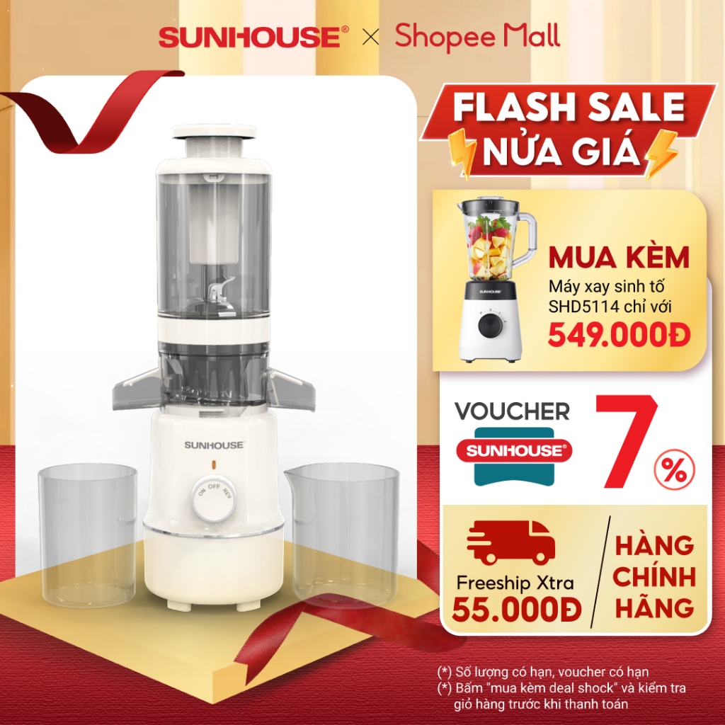 Máy ép chậm Sunhouse SHD5515 - Dung tích 600ml - Làm được kem, lưỡi cắt vượt trội - Ống tiếp nguyên liệu lớn 108mm