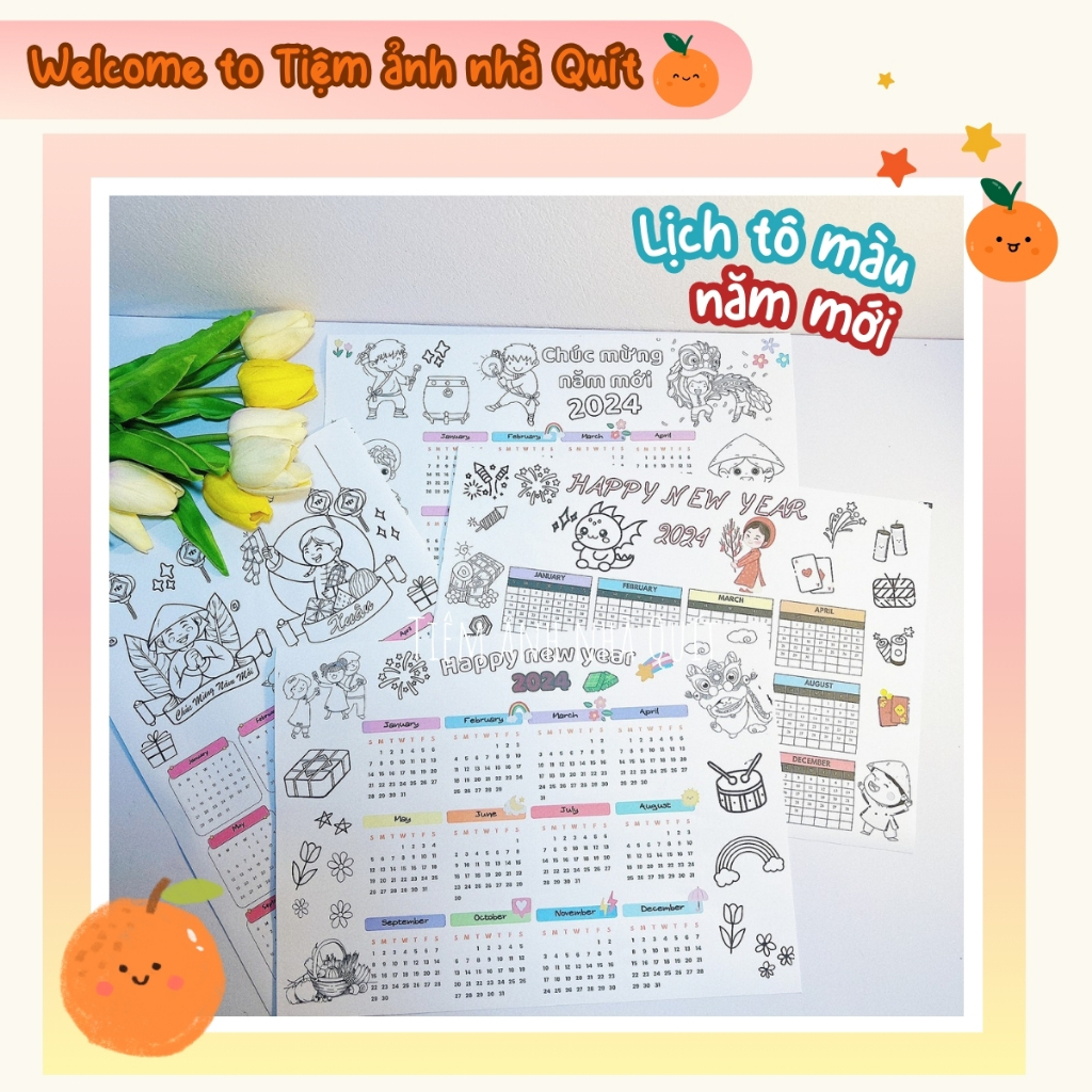 Lịch tô màu 2024 (Set 10 tờ) - Size A4 cho các bé sáng tạo vui chơi dịp Tết