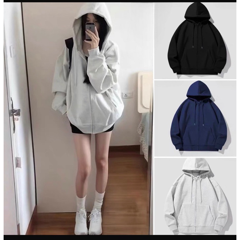 Áo hoodie zip nỉ trần bông trơn form thụng nam nữ