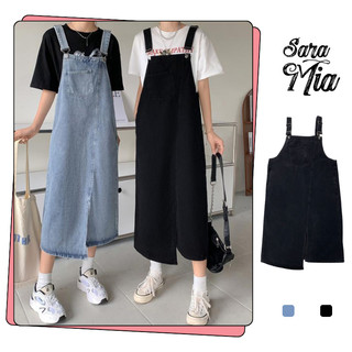 Yếm váy jean dài xẻ tà trước vải bò hai dây điều chỉnh có túi ngực SARAMIA Y2