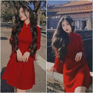 ĐẦM NHUNG TRUNG HOA CAO CẤP CỘT NƠ TAY VINTAGE