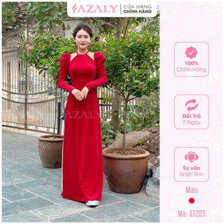 Áo Dài Cách Tân Nhung Cổ Yếm Xẻ Vai Bồng AZALY Màu Đỏ Dài Tay, Dáng Truyền Thống Dự Tiệc Lễ Tết - AT203