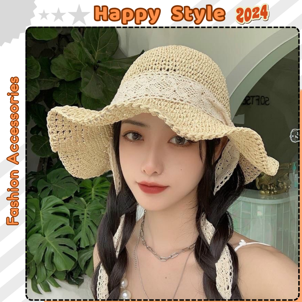 Mũ cói mềm cao cấp Nón cói đi biển chống nắng cột nơ Vintage mùa hè cực xinh NC6 - Happy Style