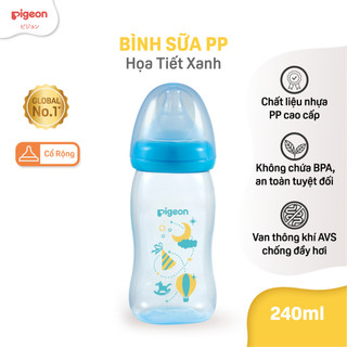 Bình sữa cổ rộng PP Plus họa tiết xanh/hồng Pigeon 240ml (M)