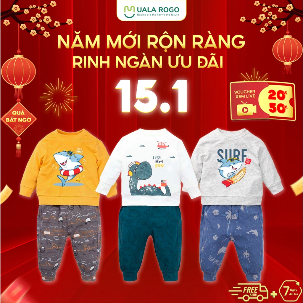 Bộ thu đông cho bé Ualarogo 1 - 5 tuổi vải Petit dài tay bo ống mềm mại co giãn thấm hút thoáng khí 2277