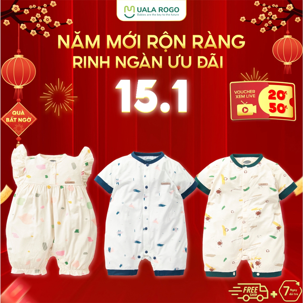 Bodysuit cho bé sơ sinh Ualarogo 3-12 tháng cộc tay vải sợi tre BAMBOO cúc giữa mềm mại thoáng mát co giãn 2105