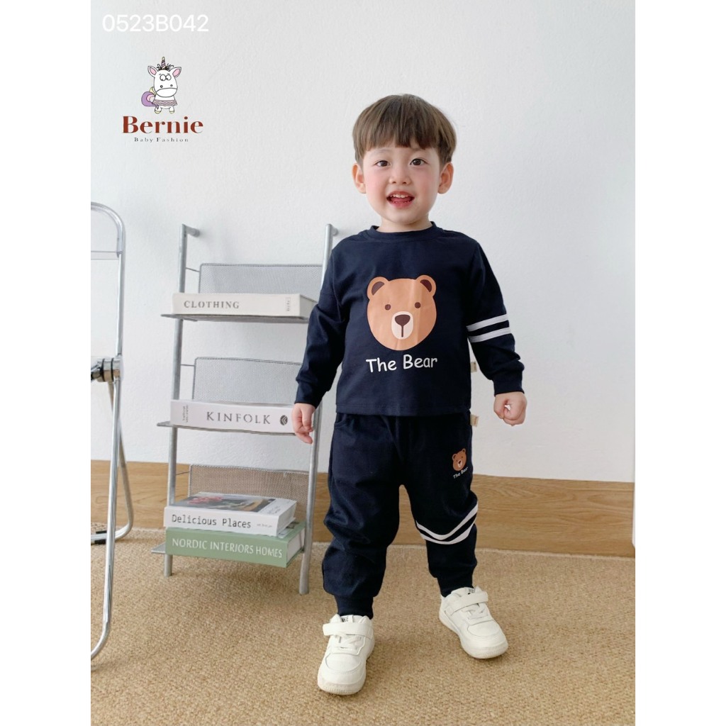 Bộ thu đông bé trai bé gái in gấu phối kẻ Bernie GS - Bộ dài tay bé trai bé gái cho bé từ 9-23kg  - 0523B042