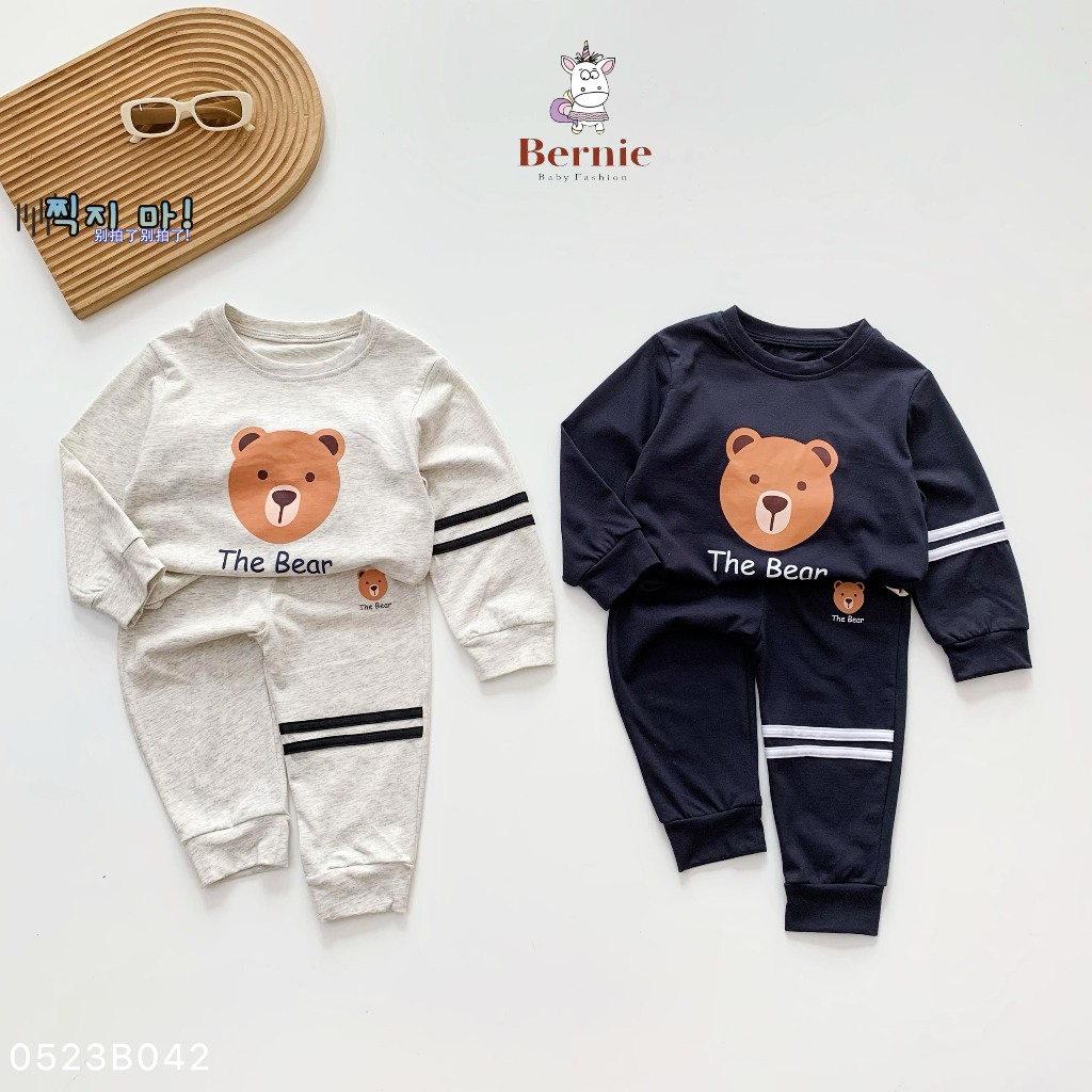 Bộ thu đông bé trai bé gái in gấu phối kẻ Bernie GS - Bộ dài tay bé trai bé gái cho bé từ 9-23kg  - 0523B042
