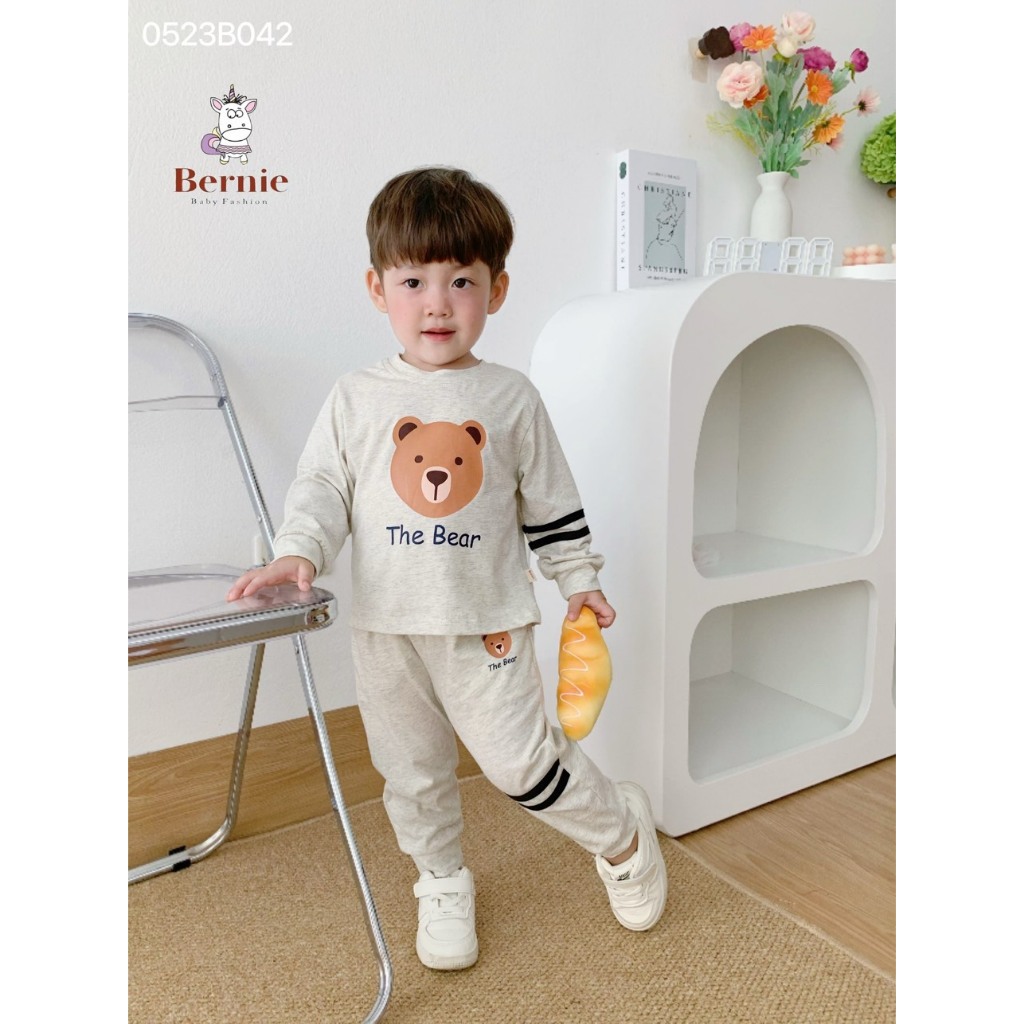 Bộ thu đông bé trai bé gái in gấu phối kẻ Bernie GS - Bộ dài tay bé trai bé gái cho bé từ 9-23kg  - 0523B042