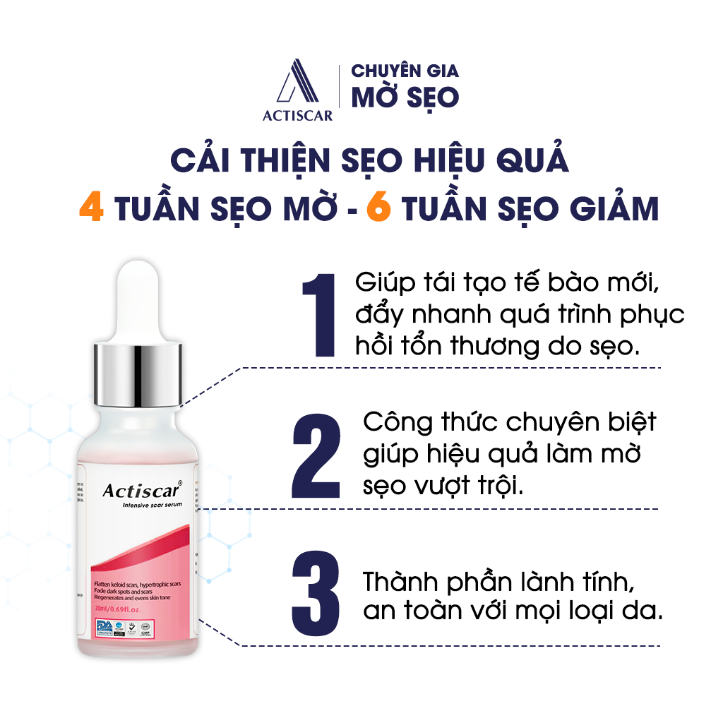 Serum Actiscar Xóa Mờ Sẹo Lồi To, Sẹo Phì Đại, Hỗ Trợ Làm Mềm Sẹo, Phẳng Sẹo Và Giảm Thâm 20ml
