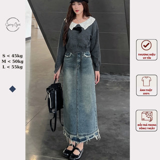 ( ảnh shop chụp ) Chân váy jeans dáng dài tua rua gấu Spring Cv6877/P0k40