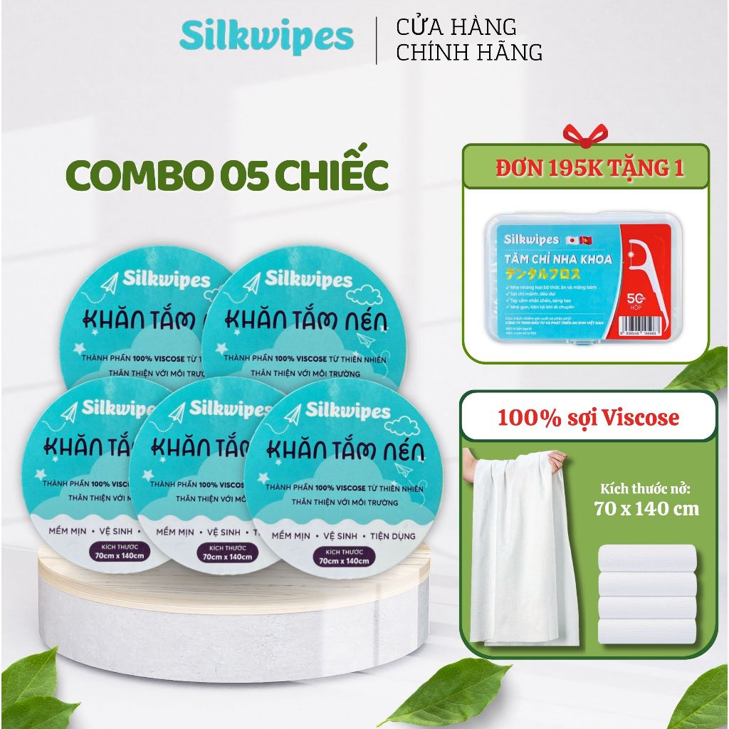 COMBO 05 Khăn Tắm Nén Cao Cấp Silkwipes 70cm x 140cm phù hợp đi du lịch, dã ngoại