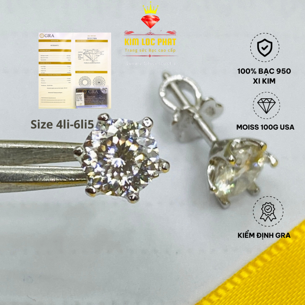 Bông tai moissanite màu trắng Bạc xi bạch kim size 5-8.1mm, Khuyên tai bạc nụ đá kim cương nhân tạo 100giác, Hoa tai bạc