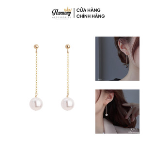 Bông tai, Khuyên tai nữ bạc mạ vàng ngọc trai nhân tạo dài sang chảnh, xinh xắn K112| TRANG SỨC BẠC HARMONY
