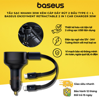 Tẩu Sạc Trên Ô Tô Baseus 30W tích hợp 2 dây sạc C+L Có Dây Rút Cho Điện Thoại Trên Xe Hơi, ô tô