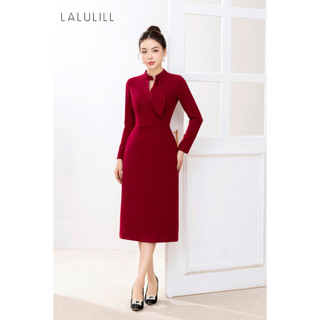 Đầm len dáng A cổ khăn lệch đỏ nhung LDL2317201