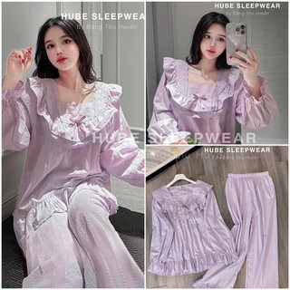 Bộ ngủ đũi cổ bèo dáng dài full tím siêu tiểu thư qc loại 1 chuẩn ảnh cao cấp - hube sleepwear