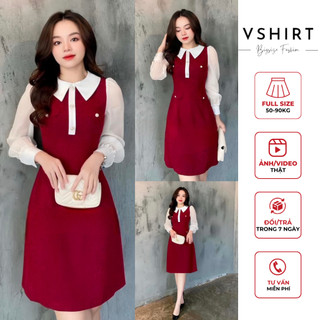 Váy đỏ phối trắng tay dài bigsize (50kg đến 90kg) VSHIRT