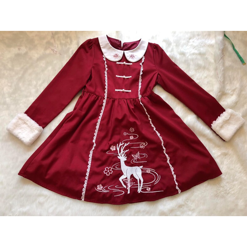 Váy đầm Lolita chính hãng brand To Alice váy xoè dài tay màu đỏ phối len trắng cổ búp bê cho Năm mới