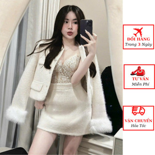  Set dạ lông thỏ áo khoác dạ tay lông kèm chân váy dạ dáng ngắn tiểu thư mùa đông hàn quốc 