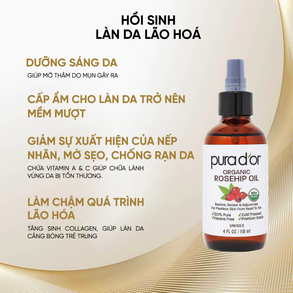 Dầu Hạt Tầm Xuân Hữu Cơ Rosehip Seed Oil PURA DOR Dưỡng Da, Giúp Mờ Thâm Sáng Da, Chống Lão Hoá 118ml