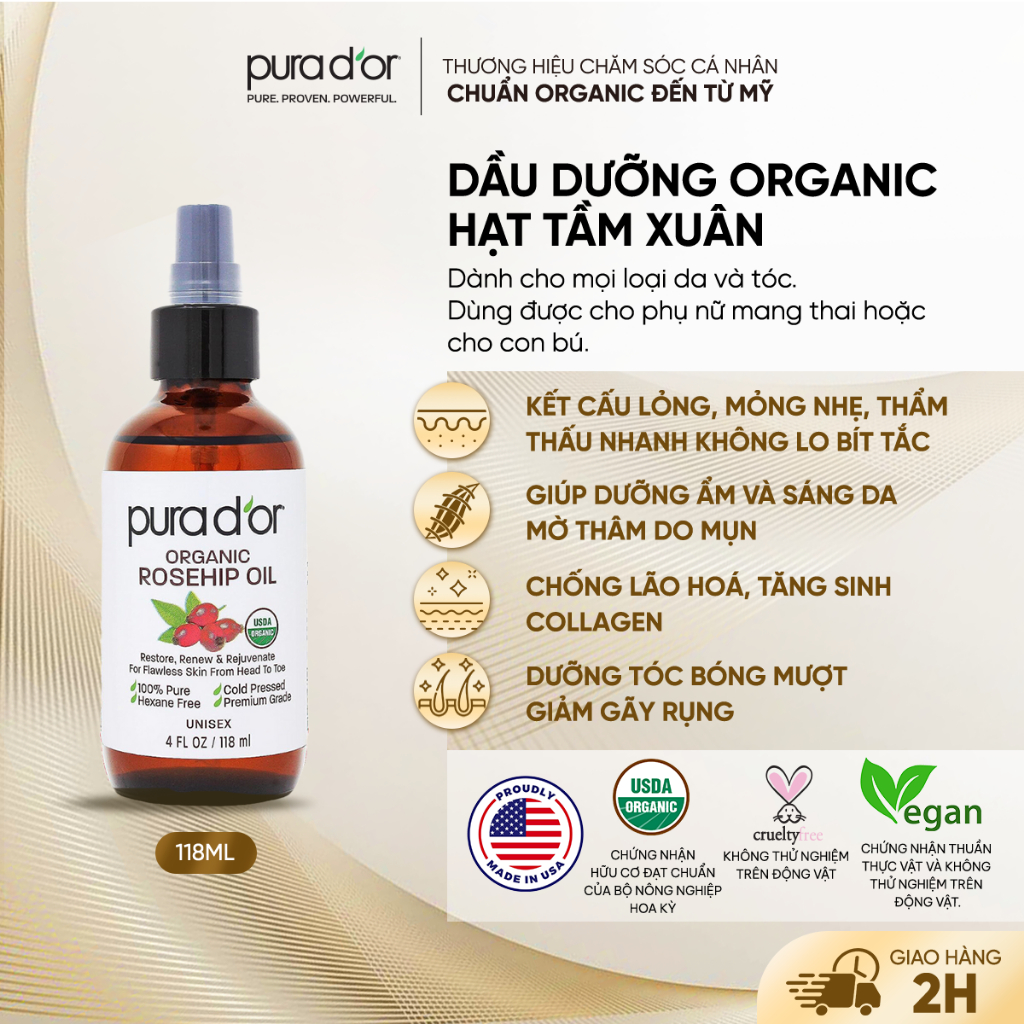 Dầu Hạt Tầm Xuân Hữu Cơ Rosehip Seed Oil PURA DOR Dưỡng Da, Giúp Mờ Thâm Sáng Da, Chống Lão Hoá 118ml