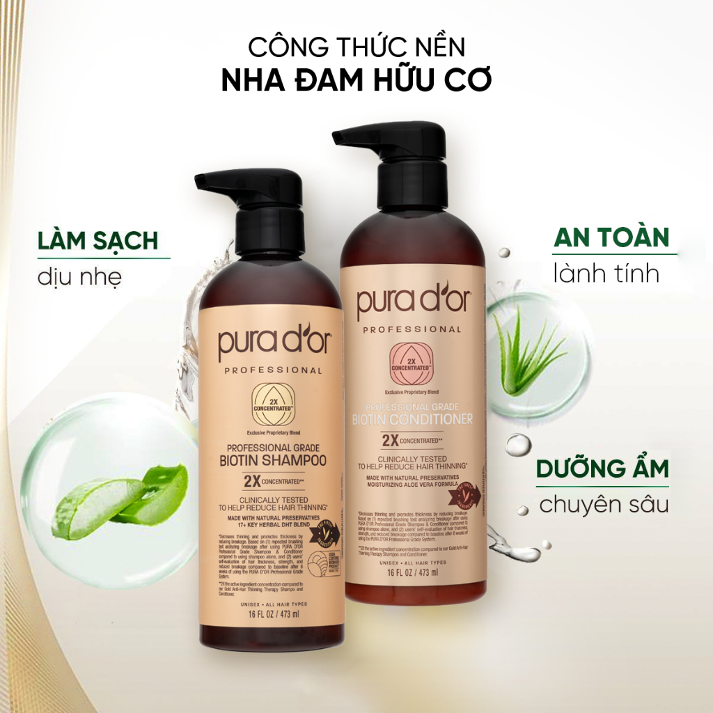 Combo Dầu Gội Dầu Xả Biotin 2X Professional Grade PURA DOR 473ml Organic Phục Hồi Hư Tổn Giảm Gãy Rụng Chuyên Sâu