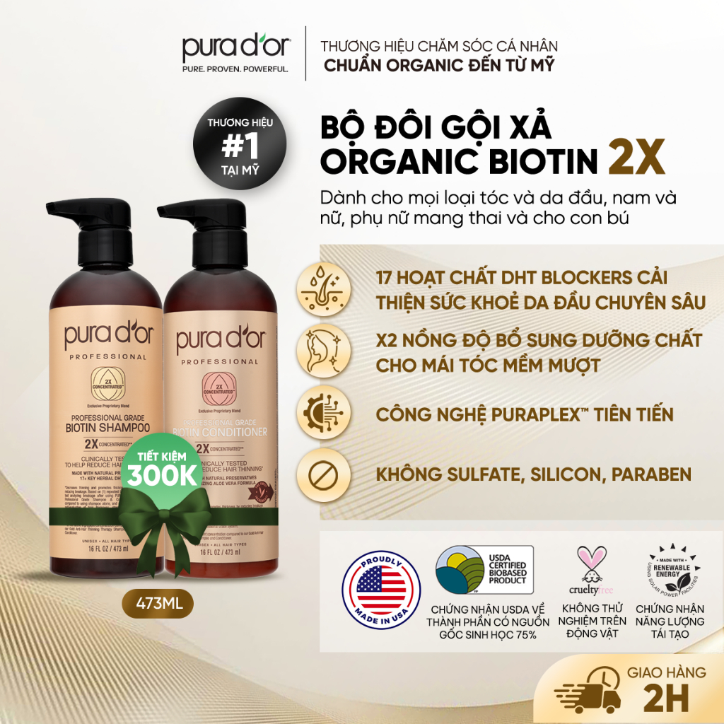 Combo Dầu Gội Dầu Xả Biotin 2X Professional Grade PURA DOR 473ml Organic Phục Hồi Hư Tổn Giảm Gãy Rụng Chuyên Sâu