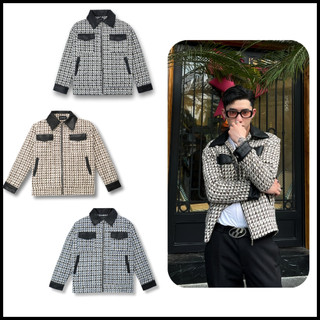 Áo Khoác Dạ Tweed trần bông SNOW STEVE, áo khoác dạ nam dài tay, mix da họa tiết kẻ ô sang trọng