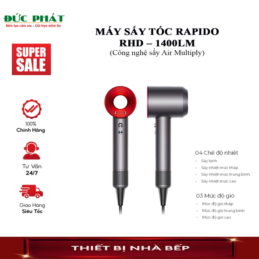Máy sấy tóc Rapido RHD 1400LM -1400w Sấy nhanh, không gây khô xơ, 3 chế độ gió, 4 mức nhiệt, BH 1năm