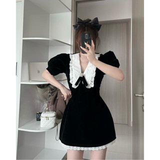  Váy nhung cổ V phối viền ren bèo trắng cộc tay chân váy chữ A phối ren phong cách tiểu thư Lalastudio 