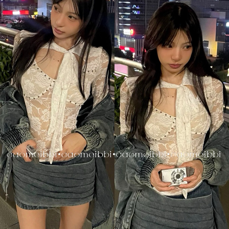 Áo Trắng Ren Hoa Tay Dài Có Lớp Lót