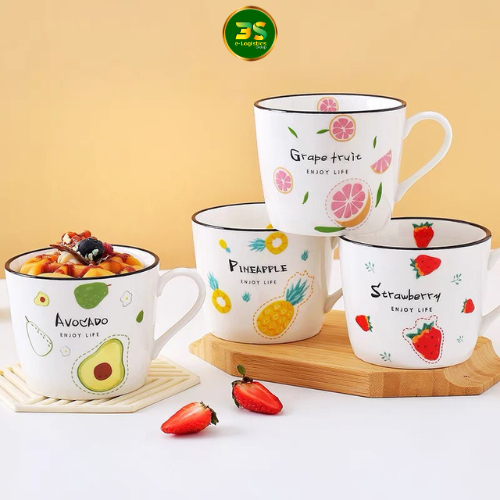 Cốc Sứ, Ly Sứ 350Ml Họa Tiết Hoa Quả Kute Pho Mai Que ( Mã 3S - 15 )