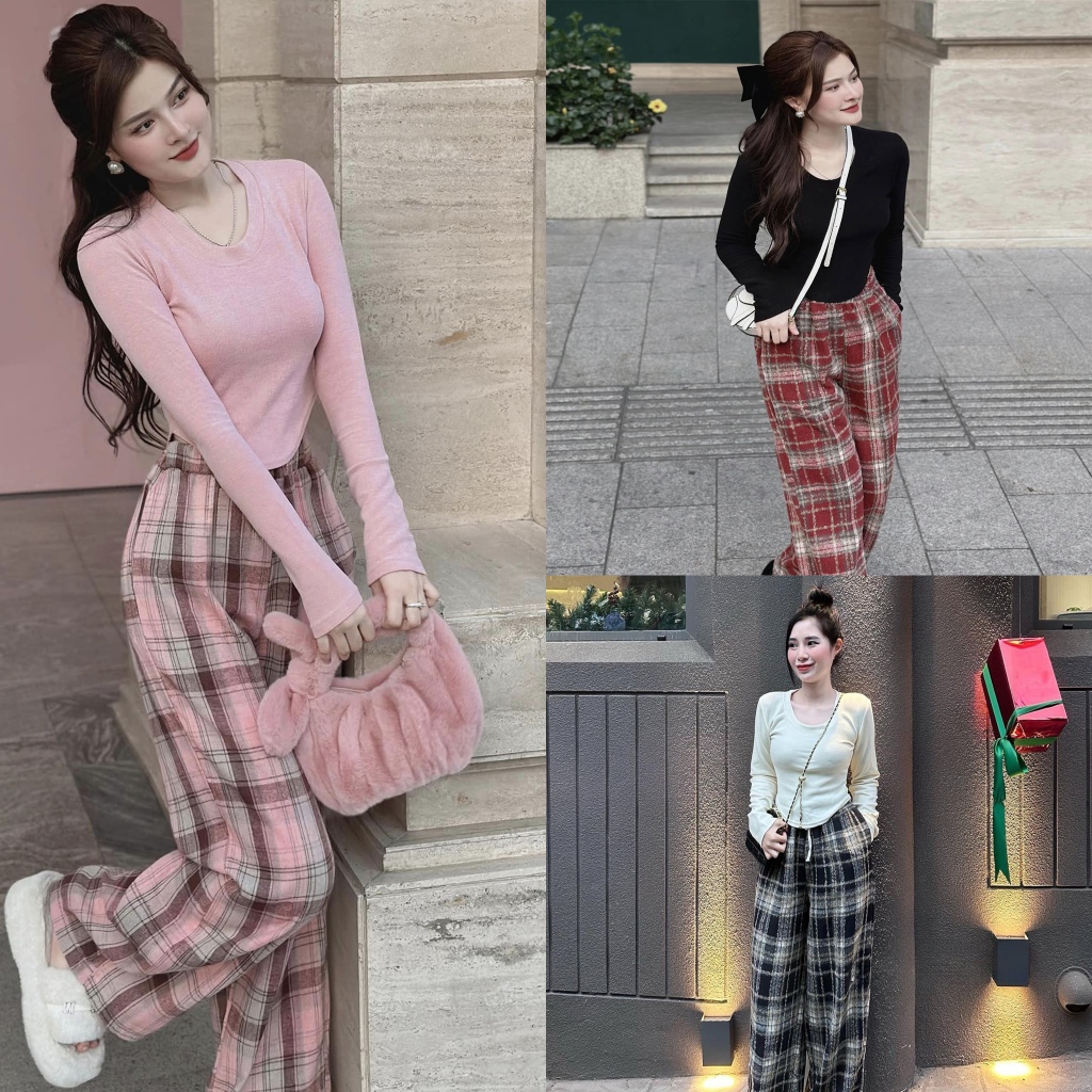 Set bộ áo thun cổ tròn dài tay vạt bầu quần kẻ thụng ống suông đồ bộ nữ siêu hot LD346