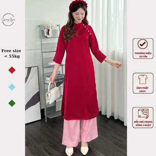 ( ảnh shop chụp ) Set áo dài lụa trơn kèm mấn ngọc dáng suông Spring Aodaicahtantron302/P13K27