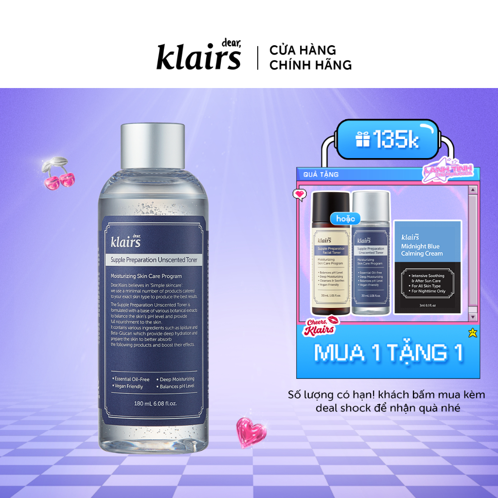 Nước hoa hồng Dear, Klairs Supple Preparation Unscented Toner 180ml