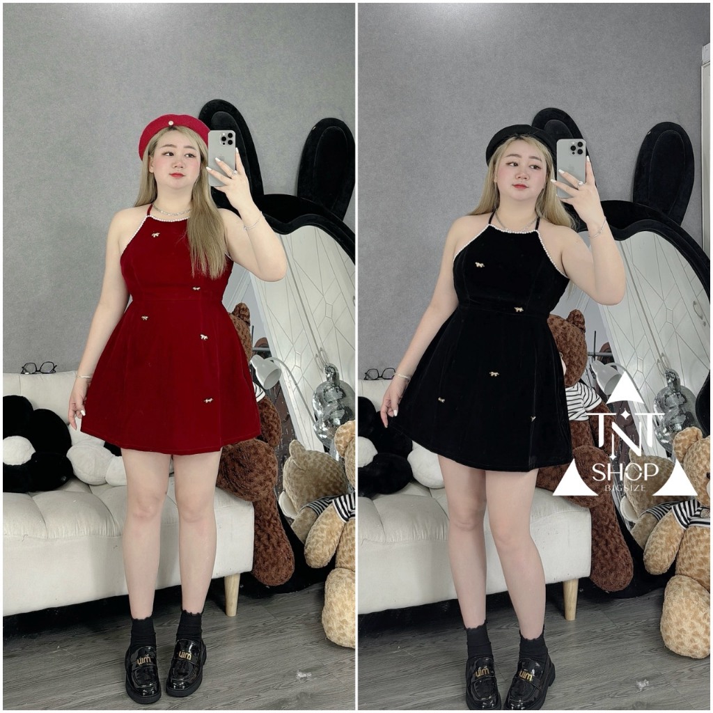 ĐẦM NHUNG CỔ YẾM GHIM NƠ [TNT SHOP BIGSIZE 60KG 90KG]