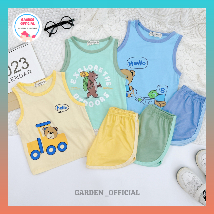 Bộ Quần Áo Ba Lỗ In Gấu Cute Cho Bé Trai Bé Gái 8-18kg  [Hot] Đồ Bộ Ba Lỗ Mùa Hè Cho Bé Cao Cấp BA LỖ GẤU VIỀN