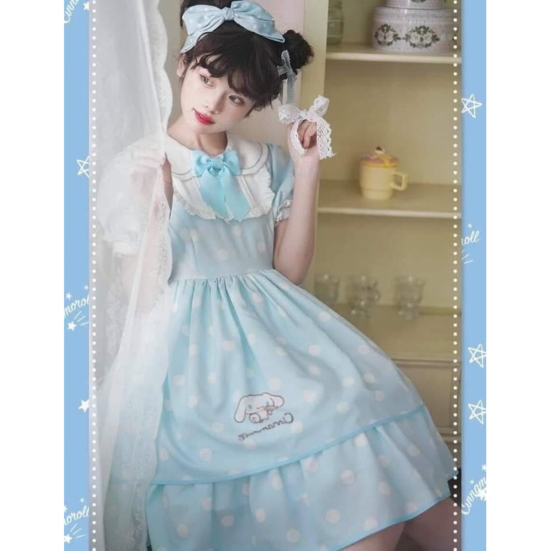Váy đầm Lolita brand Mitang Baby collab Cinnamoroll tay ngắn bồng màu xanh dương chấm bi trắng