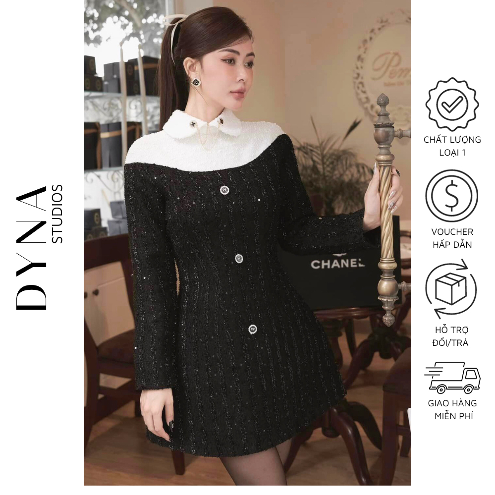 Váy dạ tweed phối kim tuyến 𝐀𝐒𝐇𝐘𝐋𝐄𝐘 cổ sen phối màu dáng A ngắn