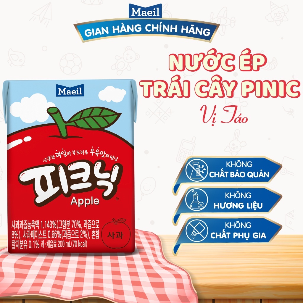 Thùng 24 hộp nước trái cây picnic MAEIL nhập khẩu Hàn Quốc vị táo và vị nho bổ sung chất sơ cho bé 200ml