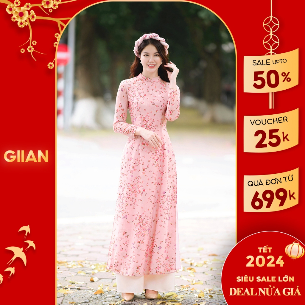 Áo dài truyền thống hoa nhí hàng thiết kế, áo dài bốn tà chất liệu tơ voan - Thời trang Giian - AD0101